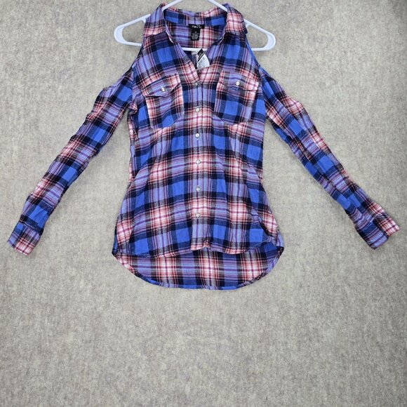 Rue21 Cold Shoulder Plaid Button-Up Shirt Multicolor Cotton Blend XS - Picture 1 of 7